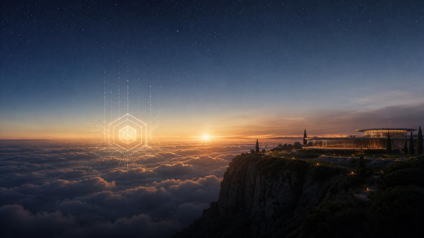 Luminous blockchain geometry above a sea of clouds at dawn